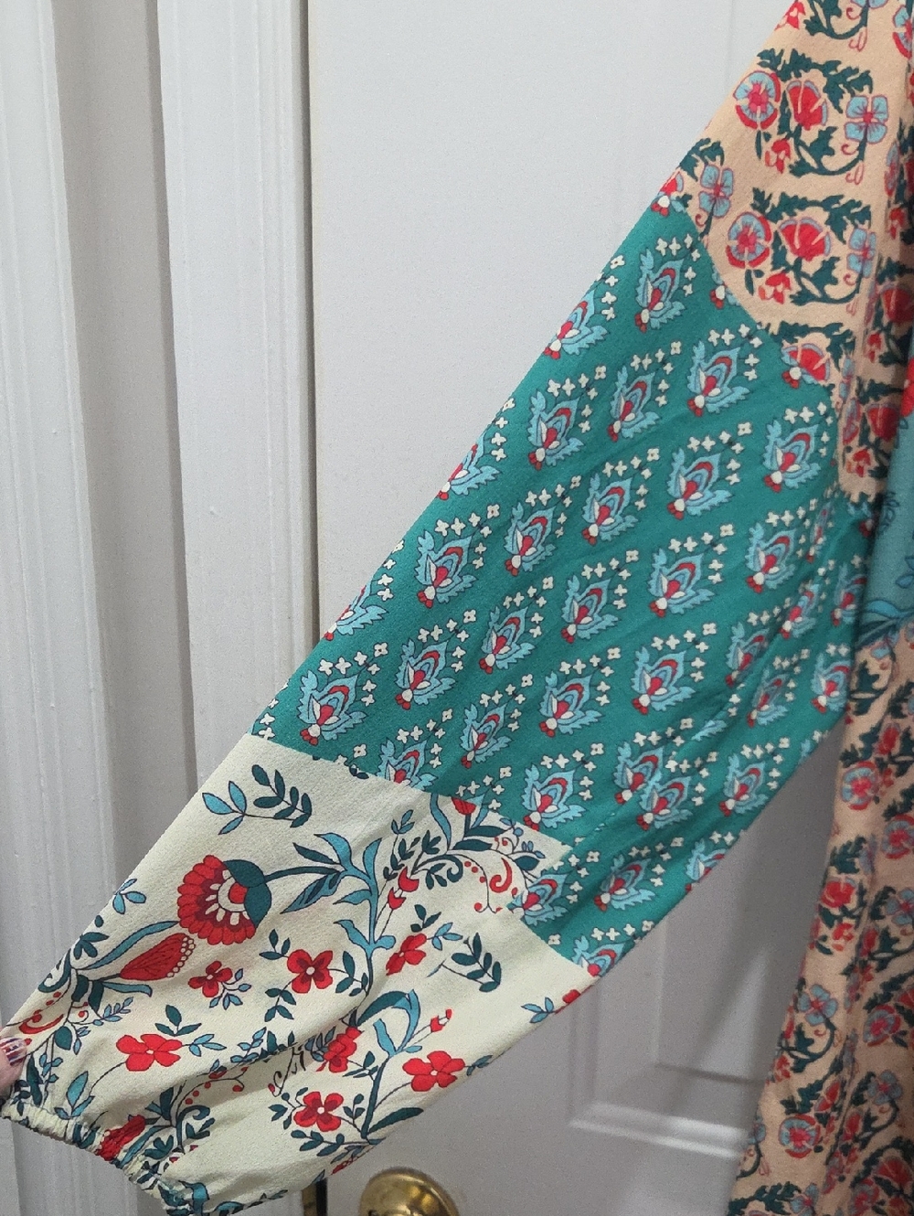 Floral Patchwork Peasant Blouse - Teal & Cream XL - Picture 2 of 5